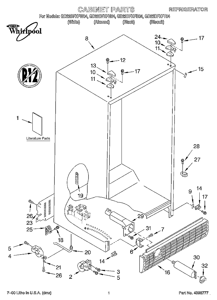 CABINET, LITERATURE Diagram and Parts List for GD22DFXFB04  Whirlpool Refrigerator
