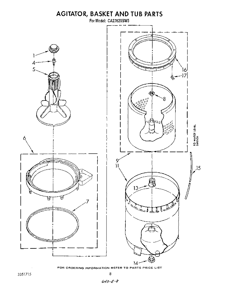 AGITATOR, BASKET AND TUB Diagram and Parts List for  Whirlpool Washer