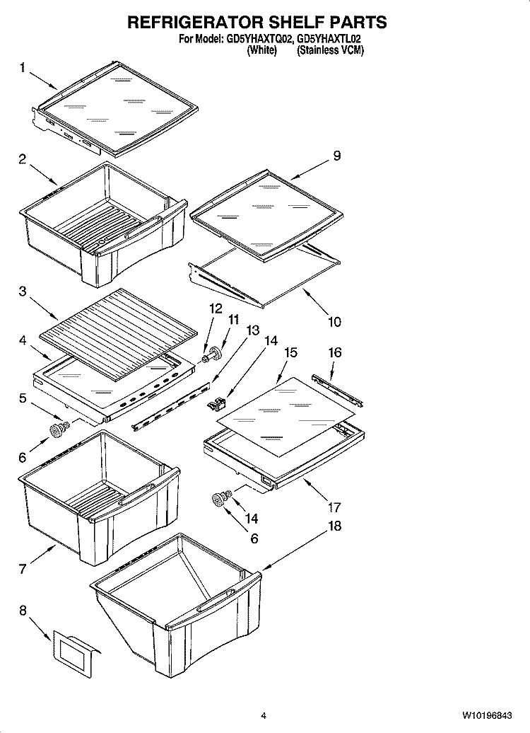 REFRIGERATOR SHELF PARTS Diagram and Parts List for GD5YHAXTL02  Whirlpool Refrigerator