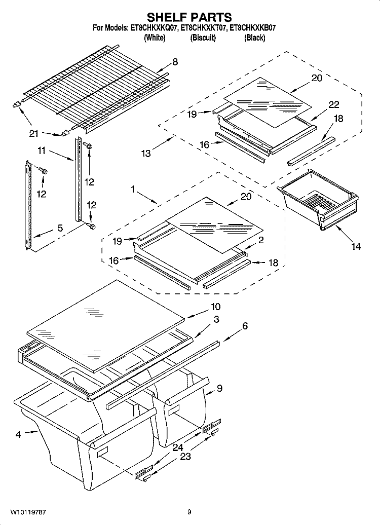 SHELF PARTS, OPTIONAL PARTS Diagram and Parts List for ET8CHKXKB07  Whirlpool Refrigerator