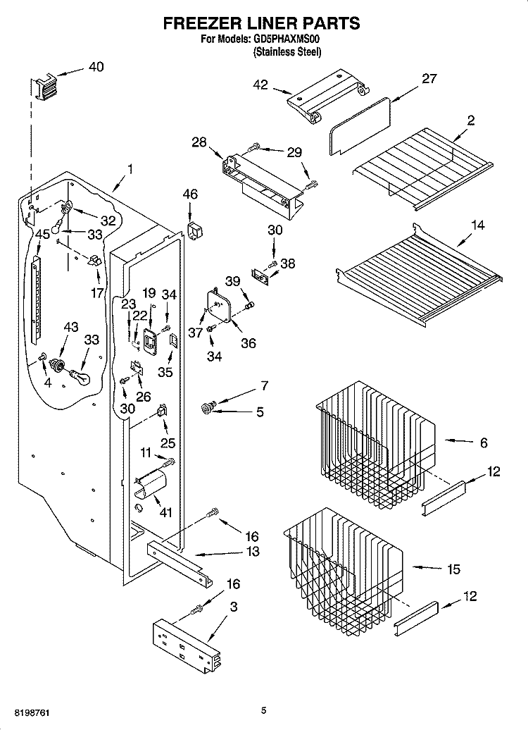FREEZER LINER PARTS Diagram and Parts List for GD5PHAXMS00  Whirlpool Refrigerator