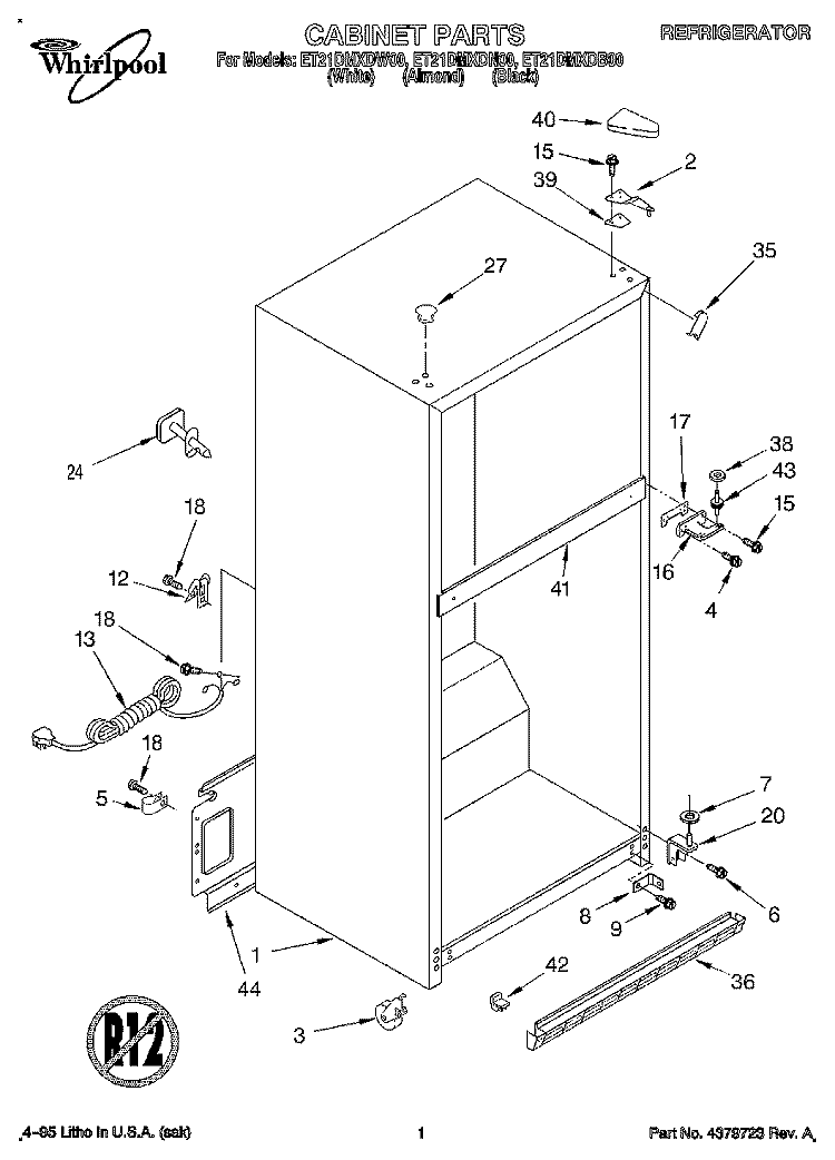 CABINET Diagram and Parts List for ET21DMXDW00  Whirlpool Refrigerator