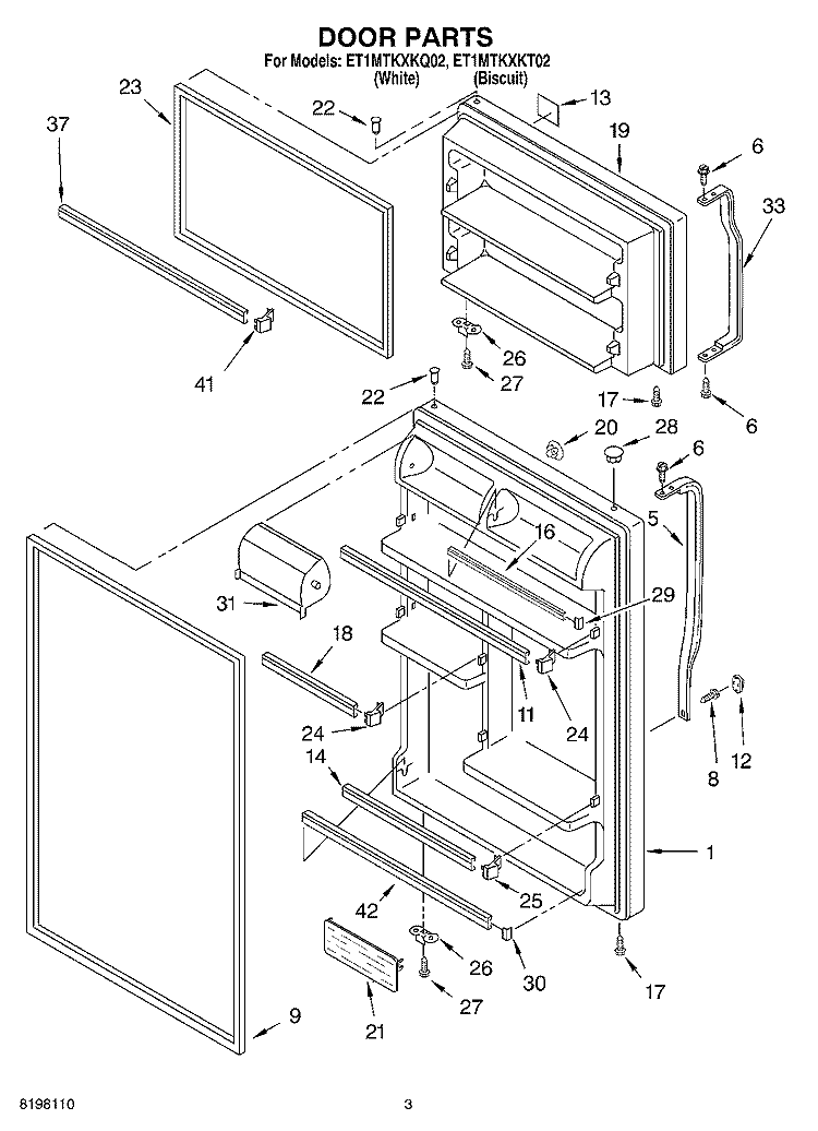 DOOR Diagram and Parts List for ET1MTKXKQ02  Whirlpool Refrigerator
