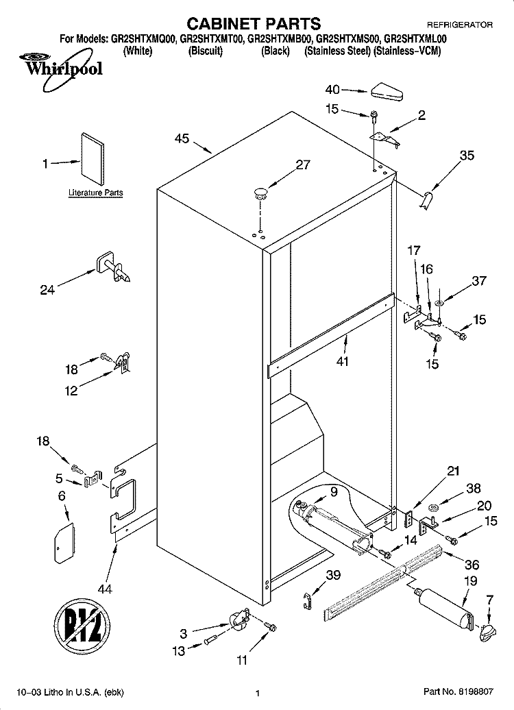 CABINET PARTS Diagram and Parts List for GR2SHTXMB00  Whirlpool Refrigerator