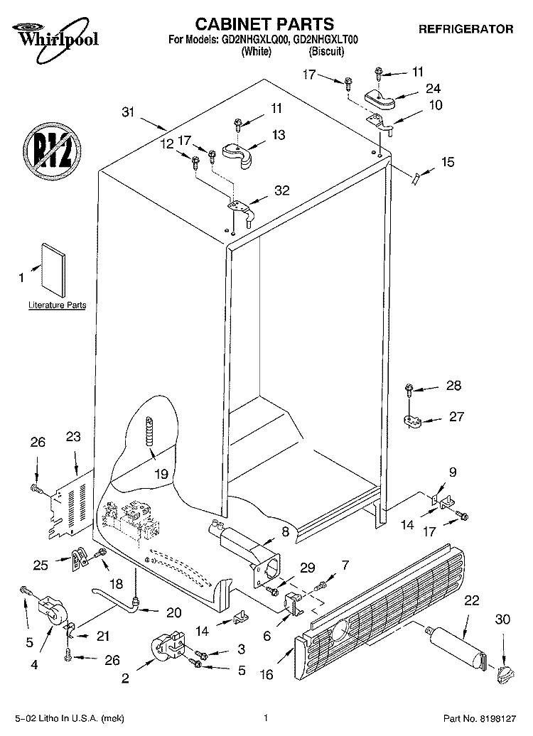 CABINET, LITERATURE Diagram and Parts List for GD2NHGXLT00  Whirlpool Refrigerator