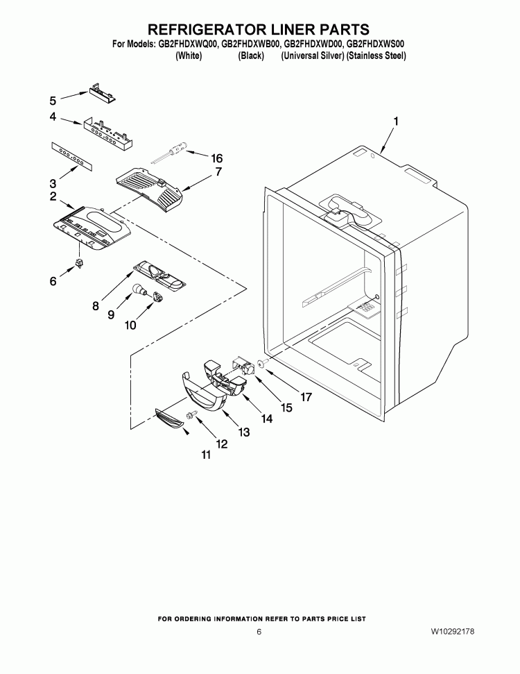 REFRIGERATOR LINER PARTS Diagram and Parts List for GB2FHDXWB00  Whirlpool Refrigerator