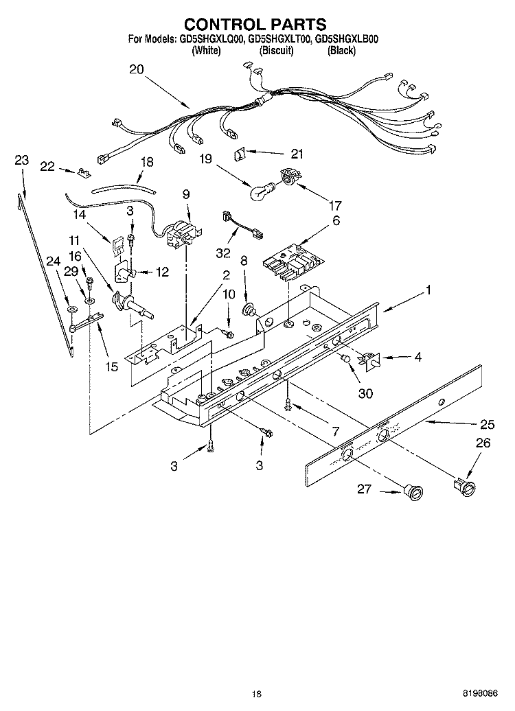 CONTROL Diagram and Parts List for GD5SHGXLQ00  Whirlpool Refrigerator