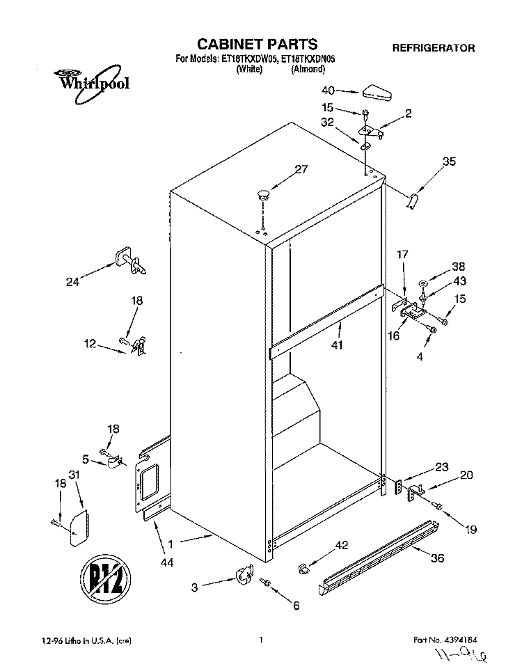 CABINET Diagram and Parts List for ET18TKXDN05  Whirlpool Refrigerator