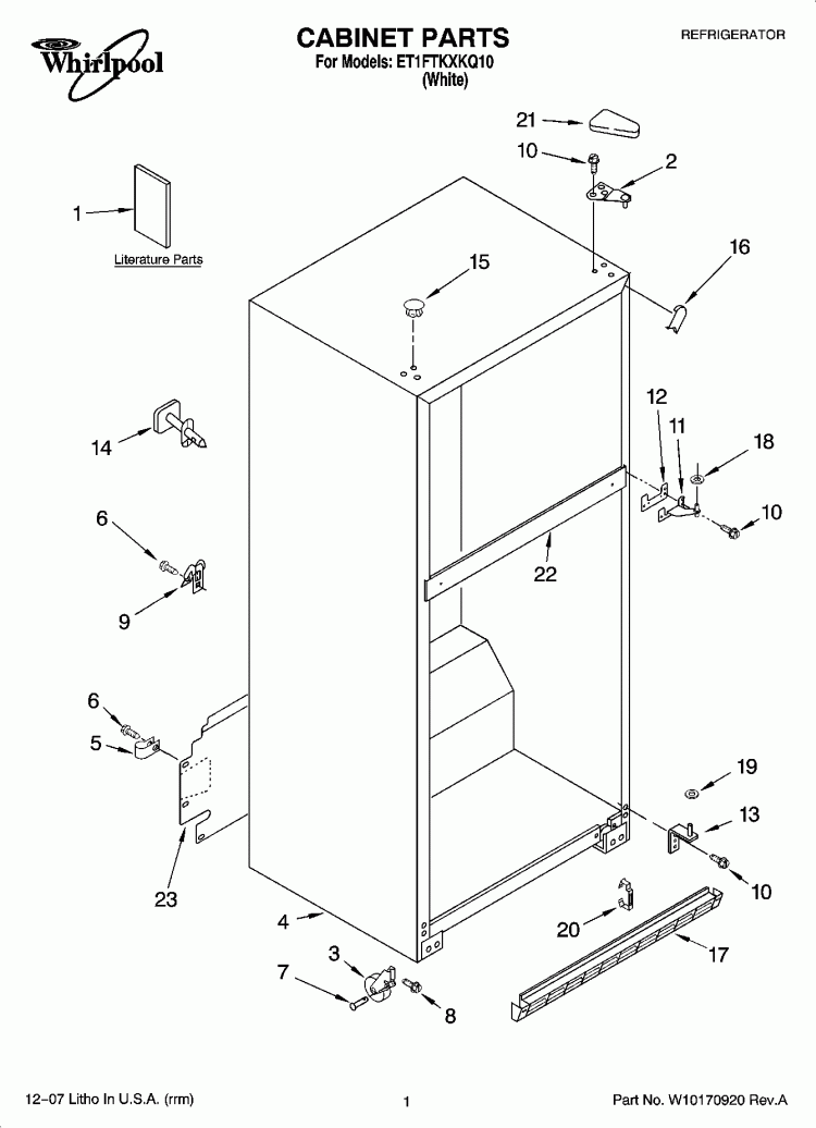 CABINET PARTS Diagram and Parts List for ET1FTKXKQ10  Whirlpool Refrigerator