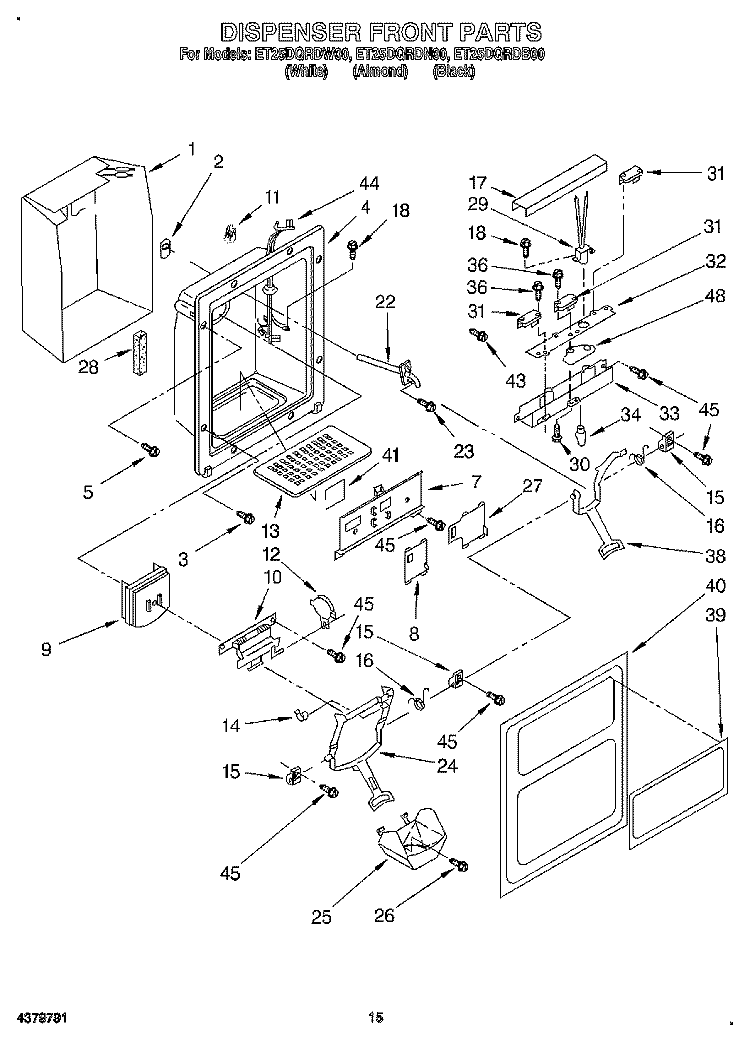 DISPENSER FRONT Diagram and Parts List for ET25DQRDB00  Whirlpool Refrigerator