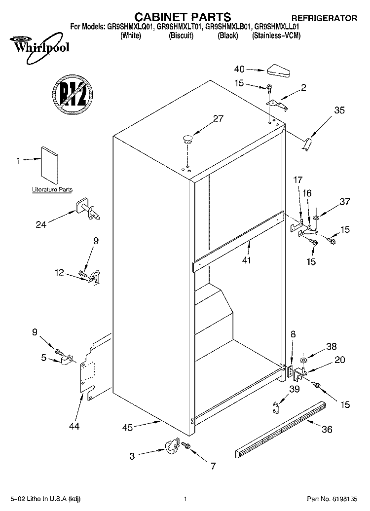 CABINET, LITERATURE Diagram and Parts List for GR9SHMXLT01  Whirlpool Refrigerator