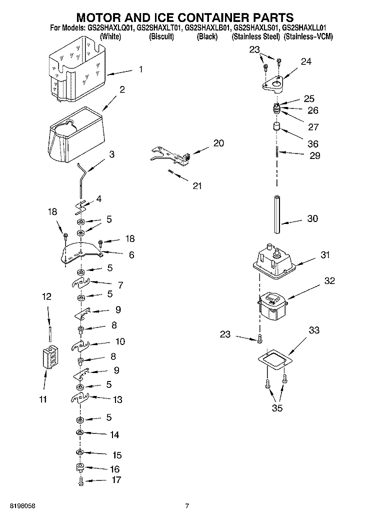 MOTOR AND ICE CONTAINER Diagram and Parts List for GS2SHAXLQ01  Whirlpool Refrigerator