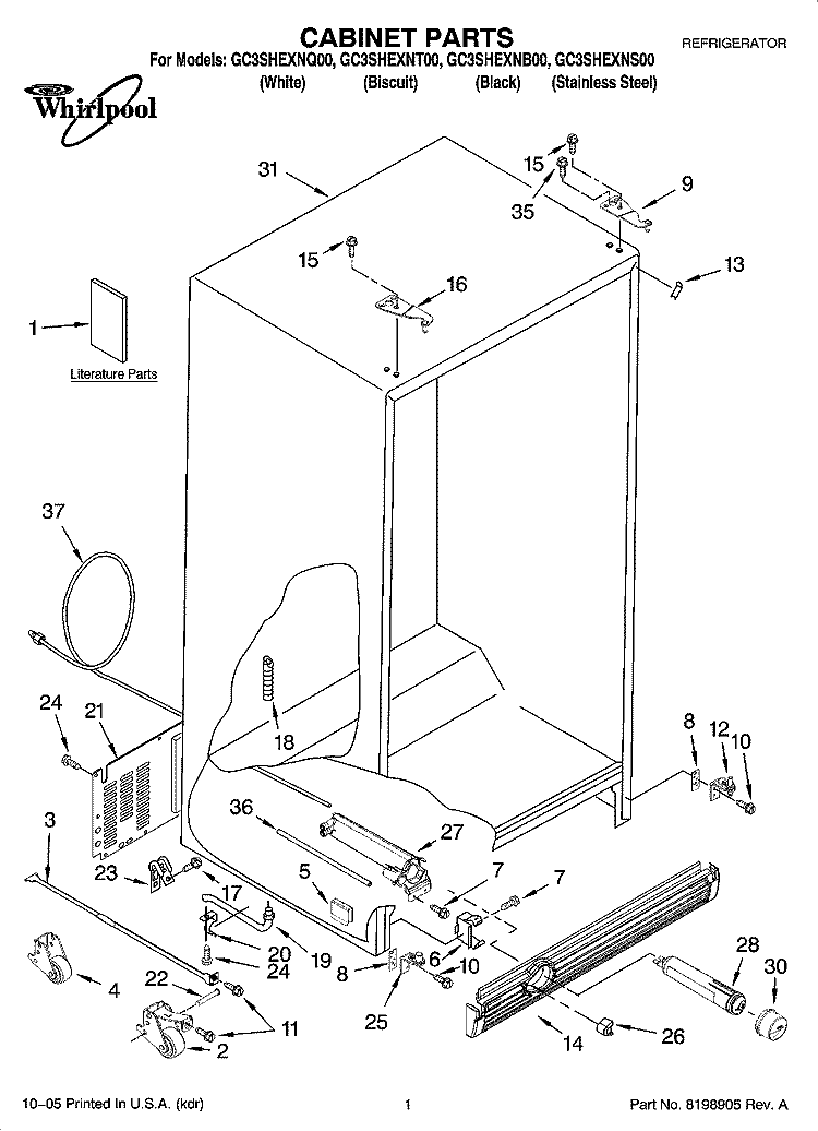 CABINET PARTS Diagram and Parts List for GC3SHEXNS00  Whirlpool Refrigerator