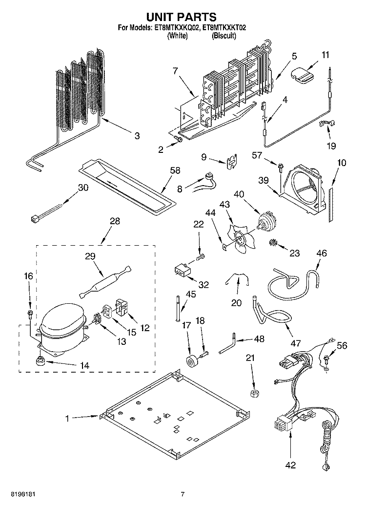 UNIT Diagram and Parts List for ET8MTKXKQ02  Whirlpool Refrigerator