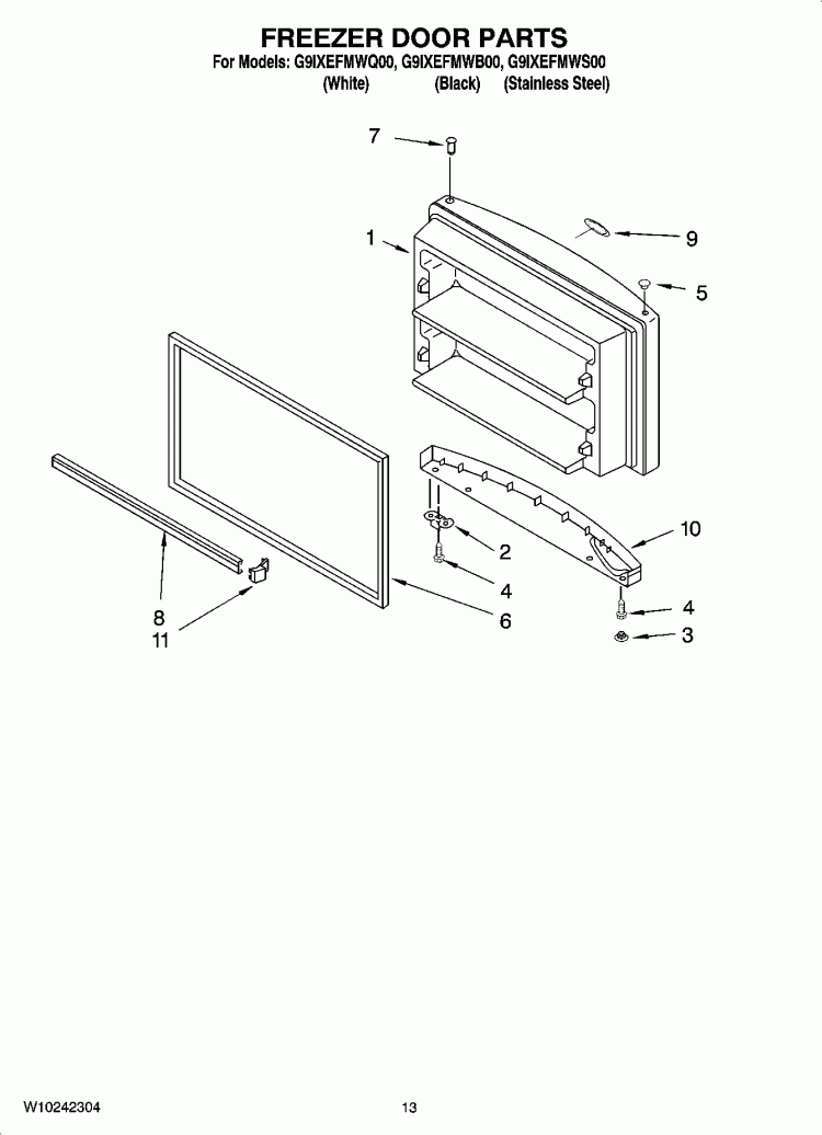 FREEZER DOOR PARTS Diagram and Parts List for G9IXEFMWB00  Whirlpool Refrigerator