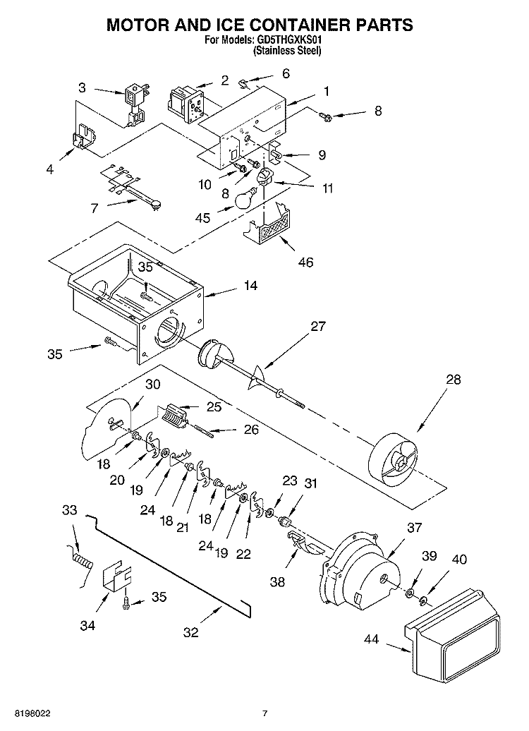 MOTOR AND ICE CONTAINER Diagram and Parts List for GD5THGXKS01  Whirlpool Refrigerator