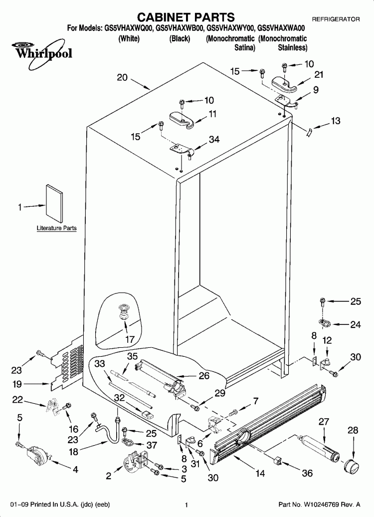 CABINET PARTS Diagram and Parts List for GS5VHAXWA00  Whirlpool Refrigerator