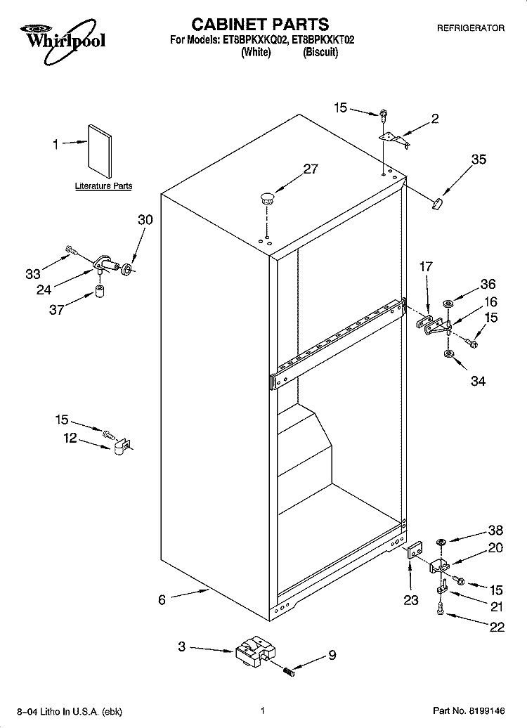 CABINET PARTS Diagram and Parts List for ET8BPKXKT02  Whirlpool Refrigerator