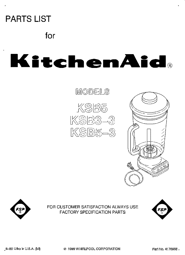 SECTION Diagram and Parts List for  KitchenAid Blender
