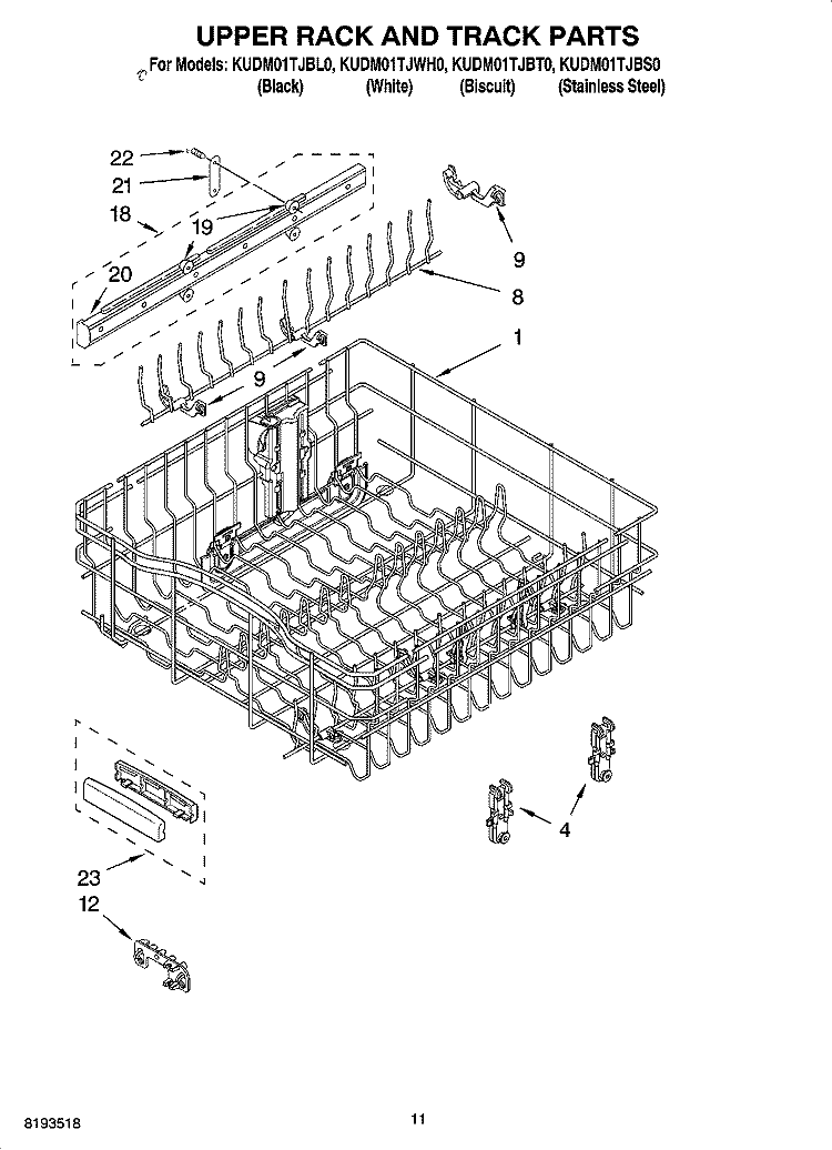 UPPER RACK AND TRACK PARTS Diagram and Parts List for  KitchenAid Dishwasher