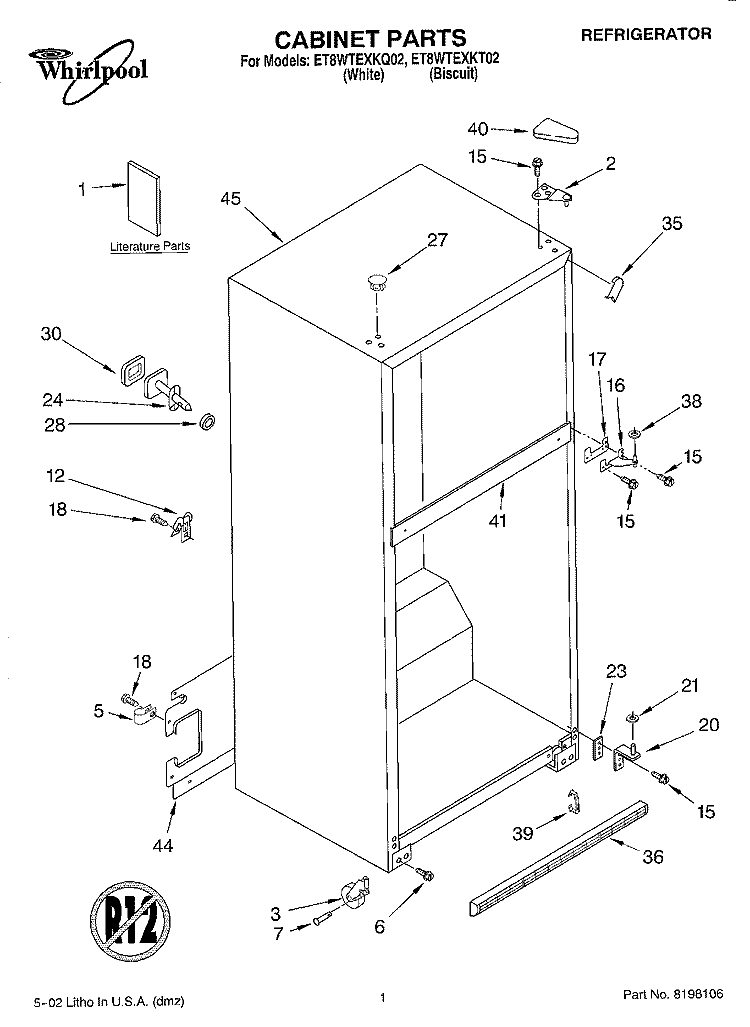 CABINET, LITERATURE Diagram and Parts List for ET8WTEXKQ02  Whirlpool Refrigerator