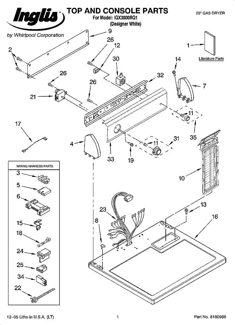 TOP AND CONSOLE PARTS Diagram and Parts List for  Inglis Dryer