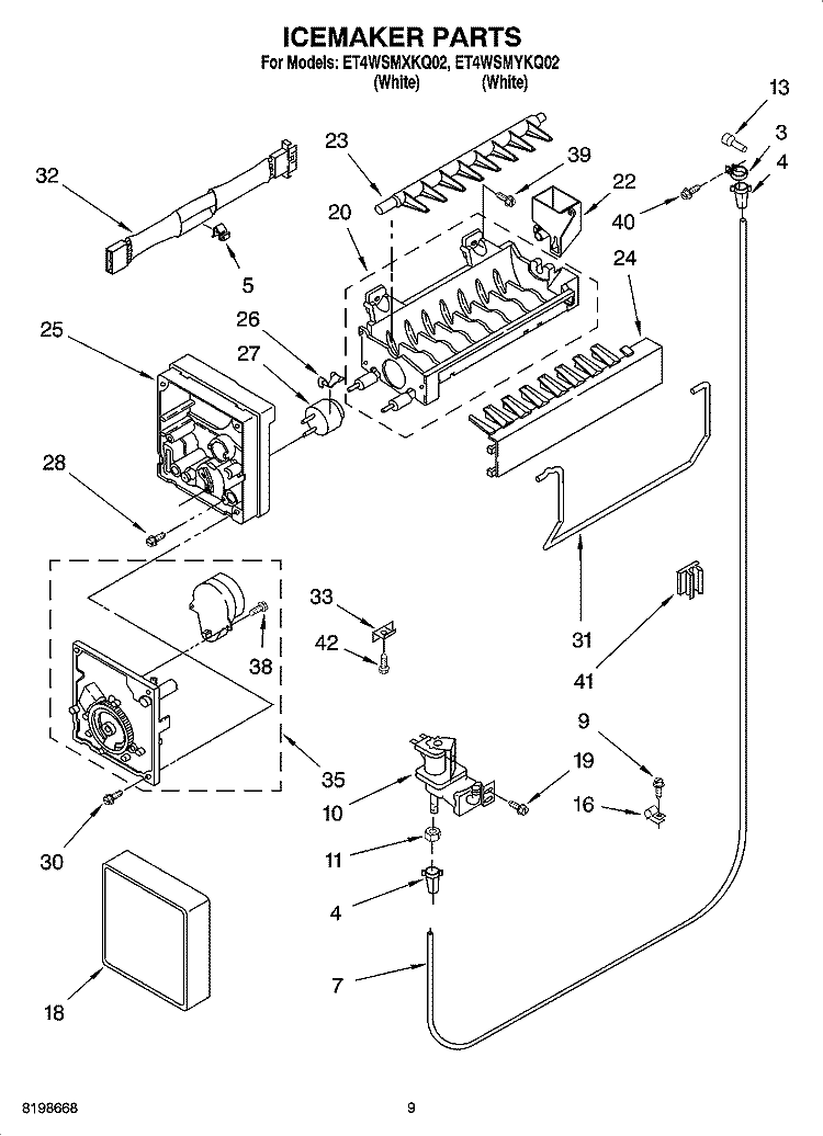 ICEMAKER PARTS Diagram and Parts List for ET4WSMYKQ02  Whirlpool Refrigerator