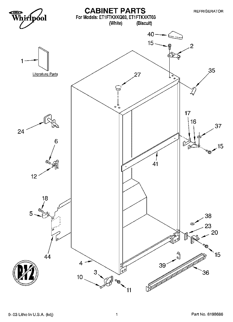 CABINET PARTS Diagram and Parts List for ET1FTKXKQ03  Whirlpool Refrigerator