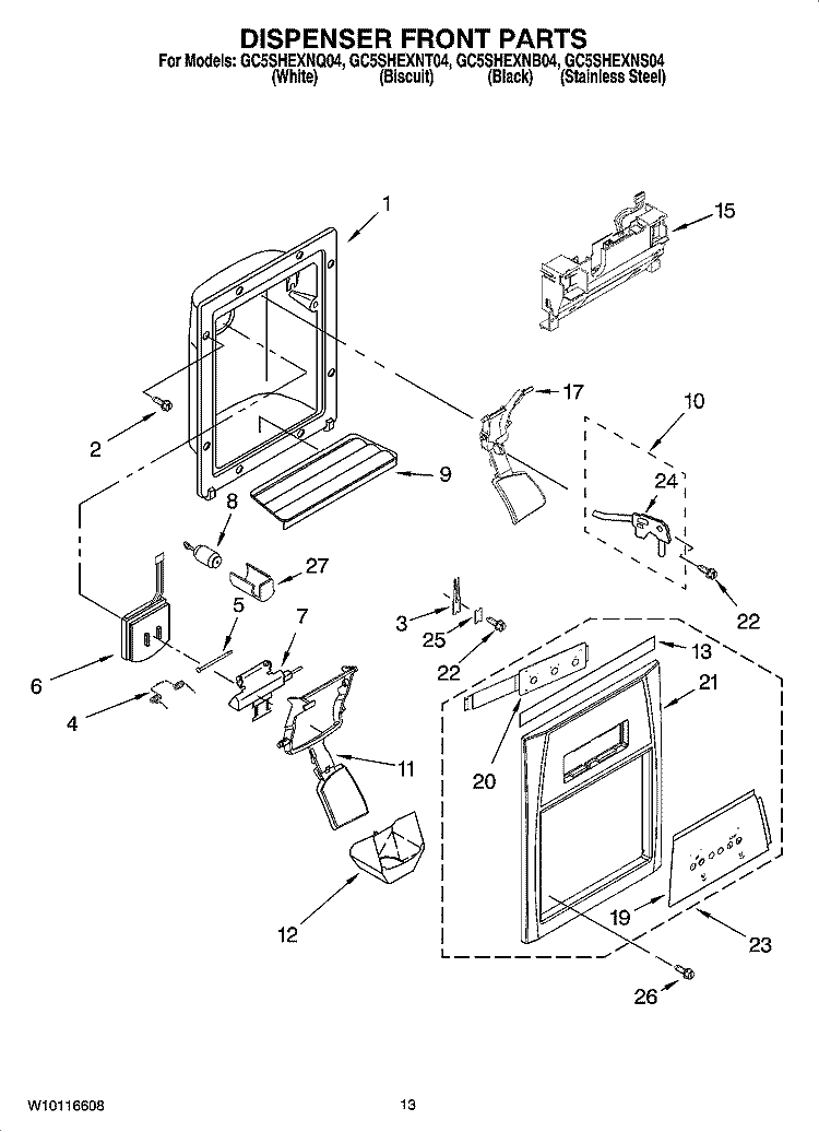 DISPENSER FRONT PARTS Diagram and Parts List for GC5SHEXNQ04  Whirlpool Refrigerator