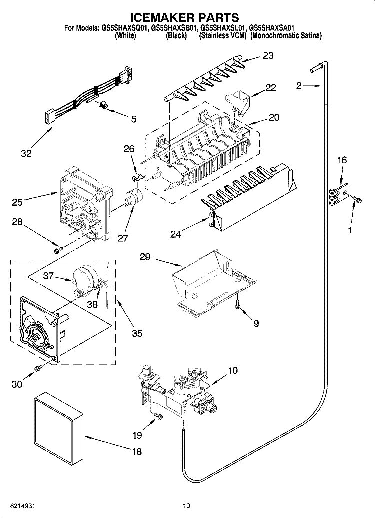 ICEMAKER PARTS, OPTIONAL PARTS (NOT INCLUDED) Diagram and Parts List for GS5SHAXSB01  Whirlpool Refrigerator