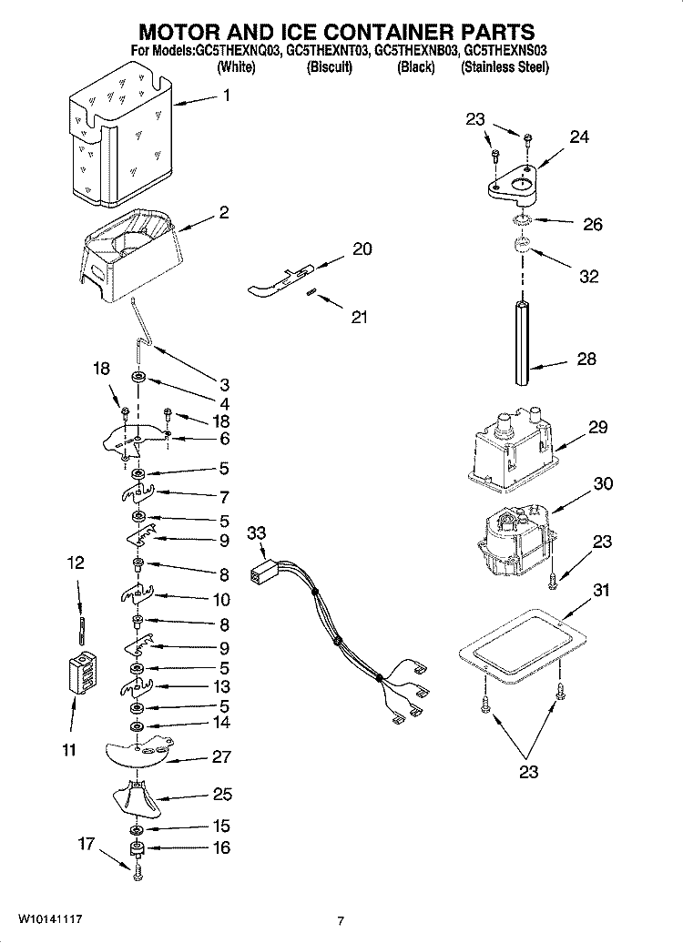 MOTOR AND ICE CONTAINER PARTS Diagram and Parts List for GC5THEXNB03  Whirlpool Refrigerator