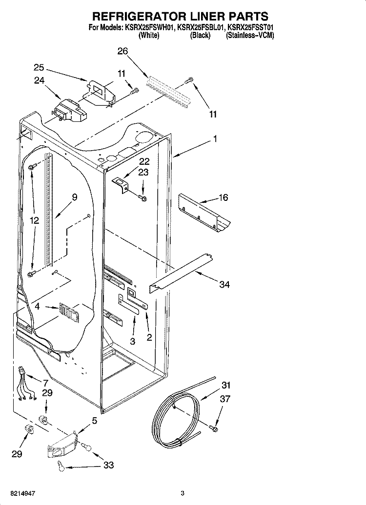 REFRIGERATOR LINER PARTS Diagram and Parts List for  KitchenAid Refrigerator