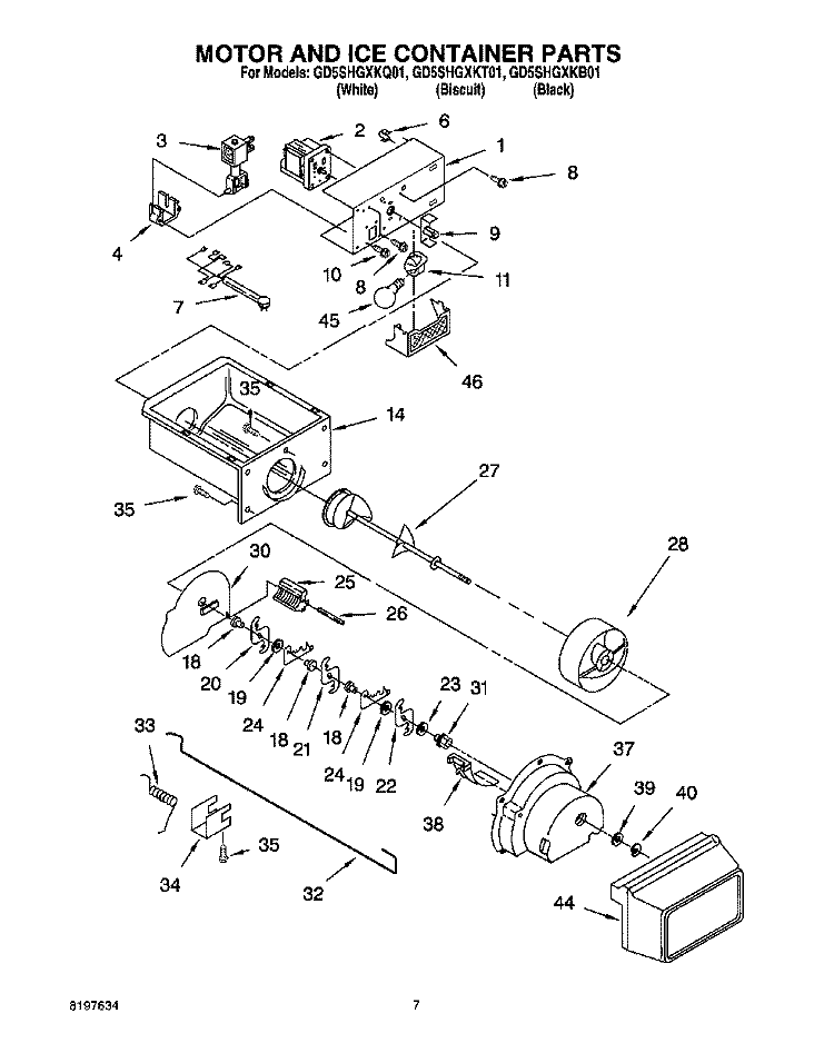 MOTOR AND ICE CONTAINER Diagram and Parts List for GD5SHGXKB01  Whirlpool Refrigerator