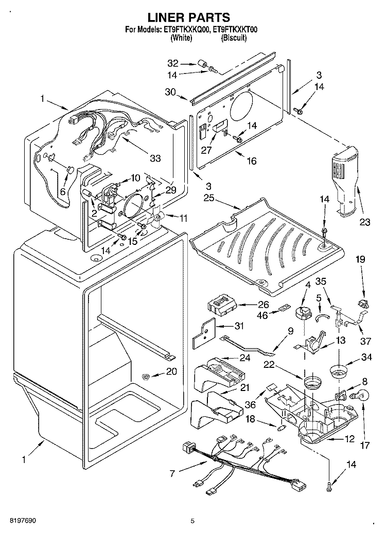LINER Diagram and Parts List for ET9FTKXKQ00  Whirlpool Refrigerator
