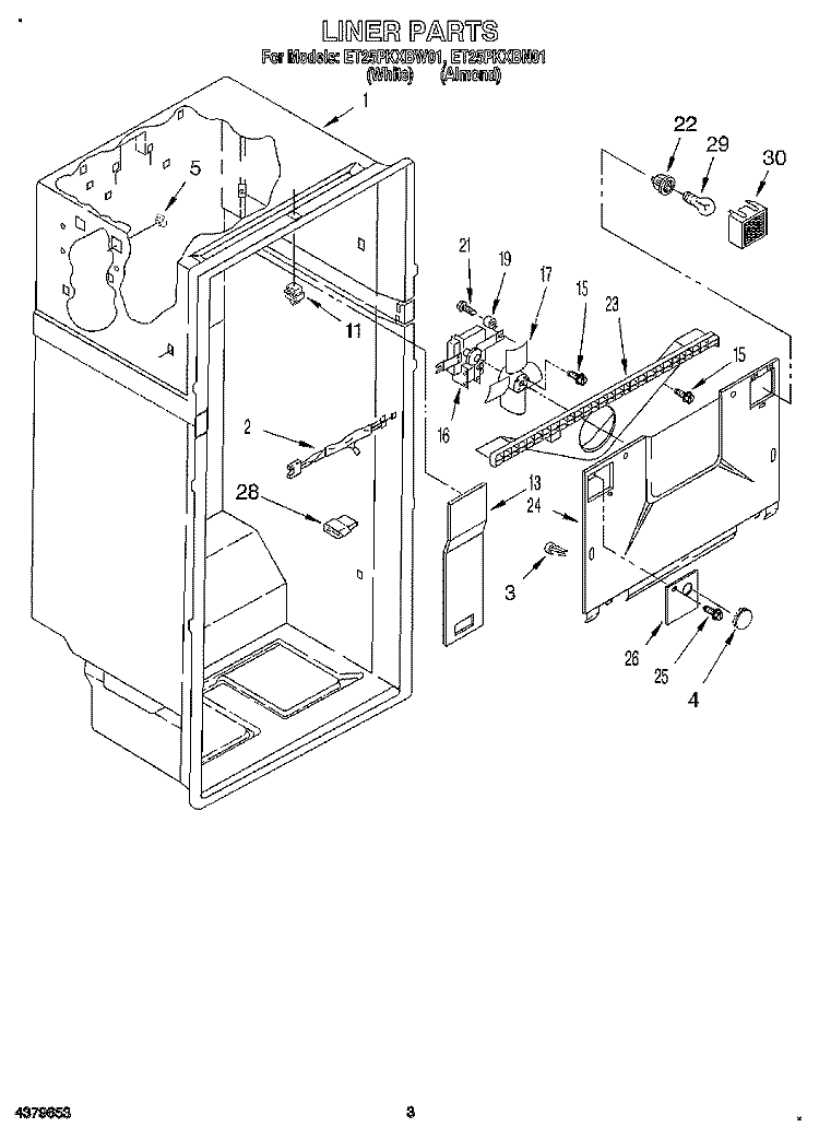 LINER Diagram and Parts List for ET25PKXBW01  Whirlpool Refrigerator