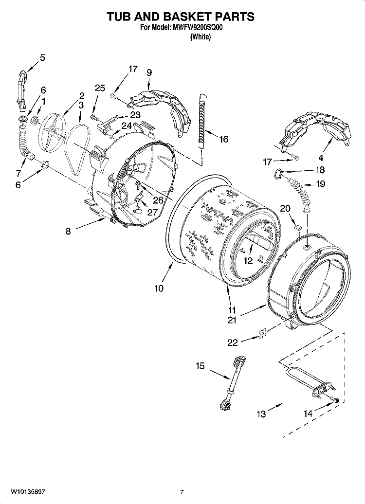 TUB AND BASKET PARTS Diagram and Parts List for  Whirlpool Washer