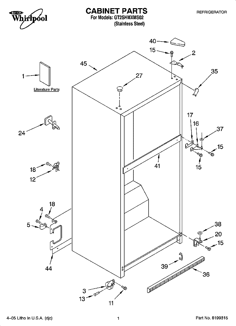 CABINET PARTS Diagram and Parts List for GT2SHMXMS02  Whirlpool Refrigerator