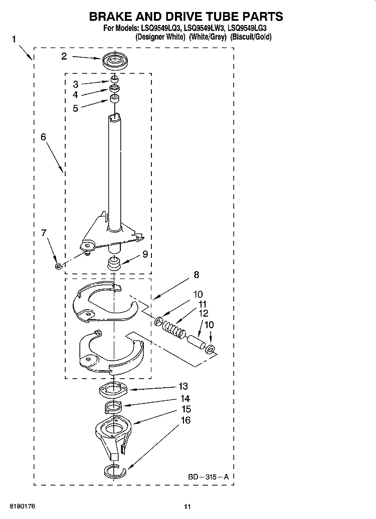 BRAKE AND DRIVE TUBE PARTS Diagram and Parts List for  Whirlpool Washer