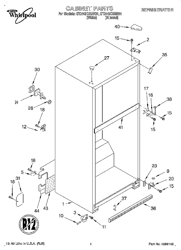 CABINET Diagram and Parts List for ET21GKXGN01  Whirlpool Refrigerator