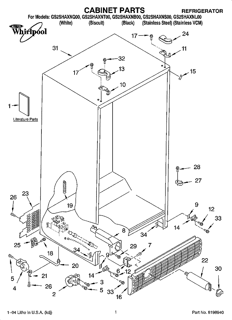 CABINET PARTS Diagram and Parts List for GS2SHAXNL00  Whirlpool Refrigerator