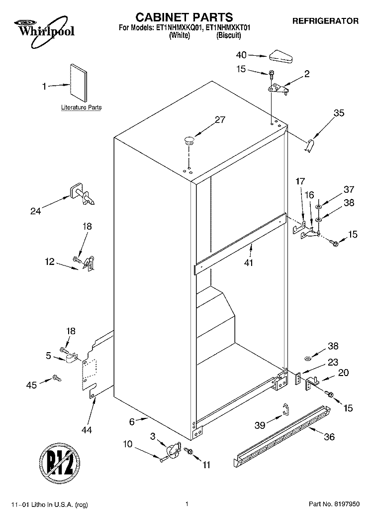 CABINET, LITERATURE Diagram and Parts List for ET1NHMXKT01  Whirlpool Refrigerator