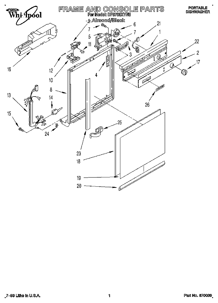 FRAME AND CONSOLE Diagram and Parts List for  Whirlpool Dishwasher