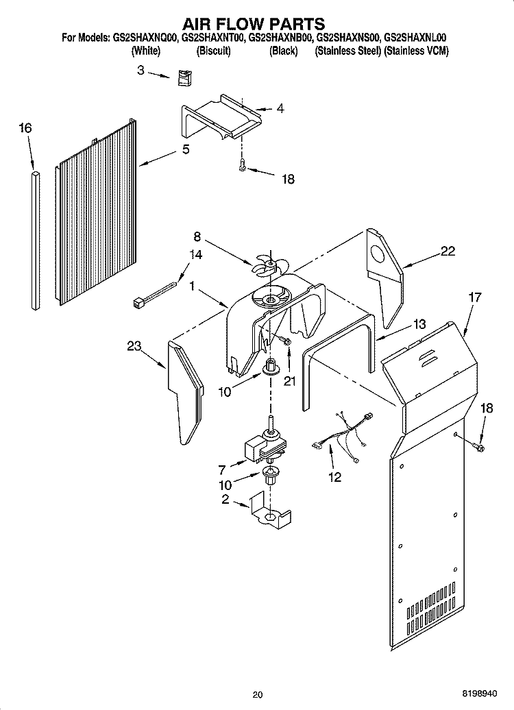AIR FLOW PARTS, PARTS NOT ILLUSTRATED Diagram and Parts List for GS2SHAXNL00  Whirlpool Refrigerator