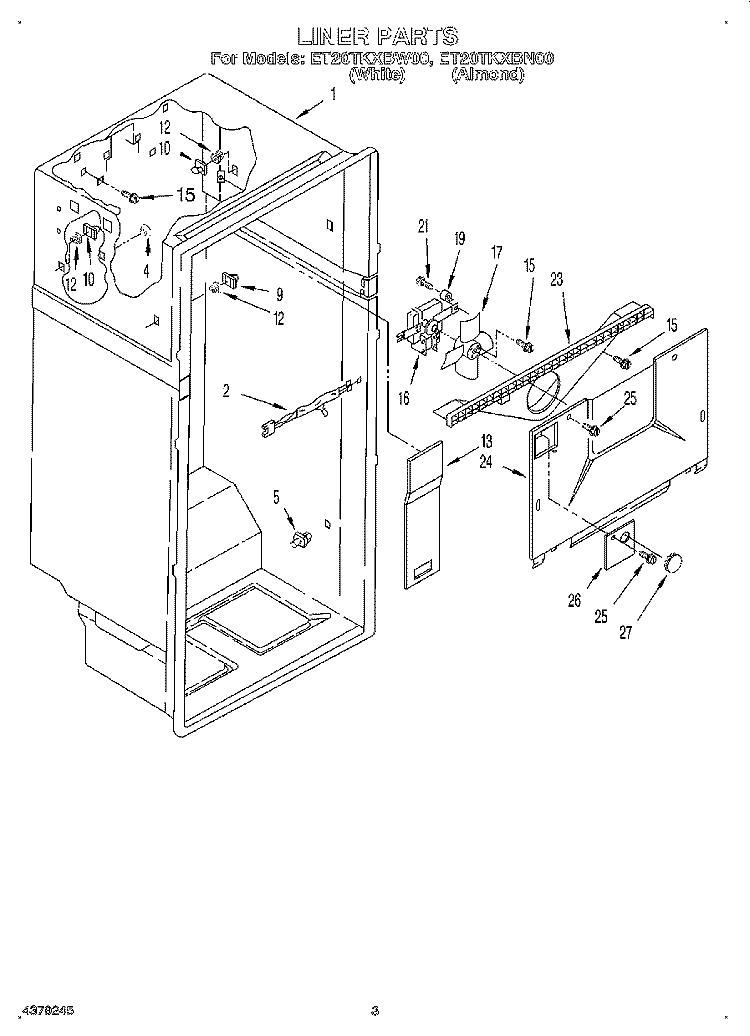 LINER Diagram and Parts List for ET20TKXBN00  Whirlpool Refrigerator