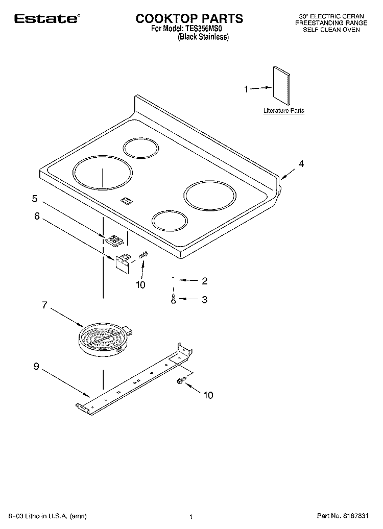 COOKTOP PARTS Diagram and Parts List for TES356MS0  Estate Range