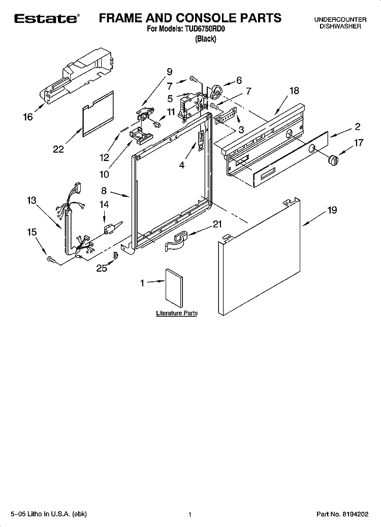 FRAME AND CONSOLE PARTS Diagram and Parts List for  Estate Dishwasher