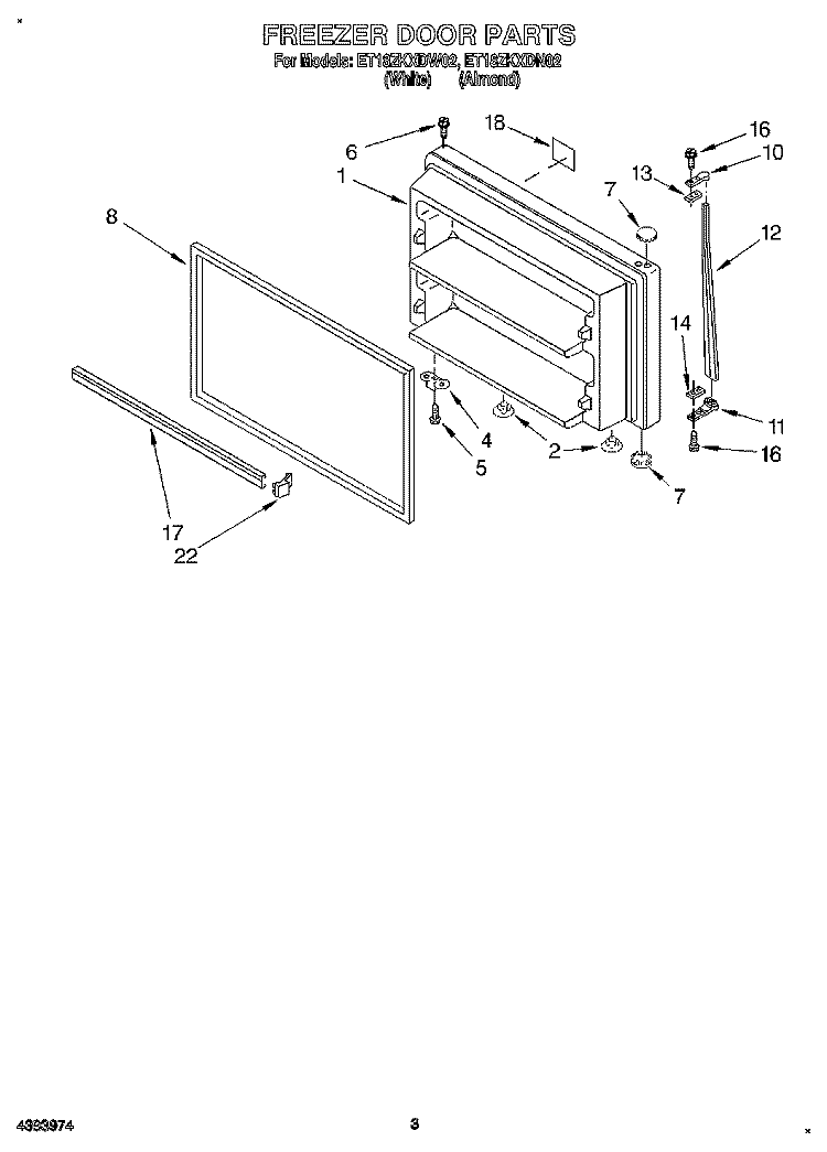FREEZER DOOR Diagram and Parts List for ET18ZKXDN02  Whirlpool Refrigerator