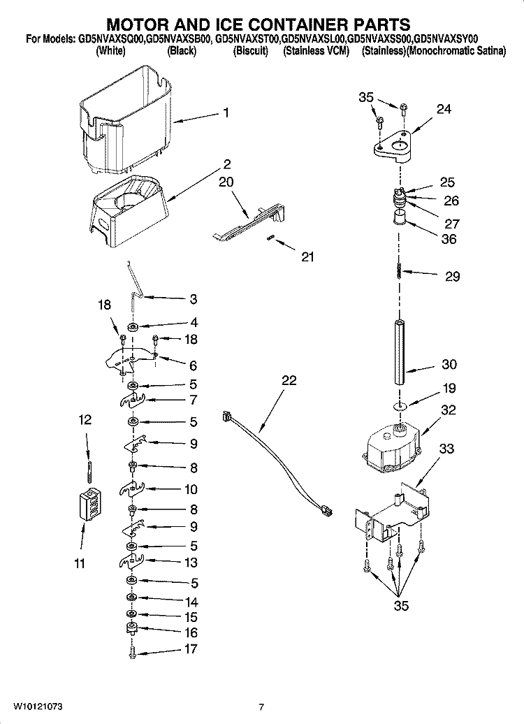 MOTOR AND ICE CONTAINER PARTS Diagram and Parts List for GD5NVAXSL00  Whirlpool Refrigerator
