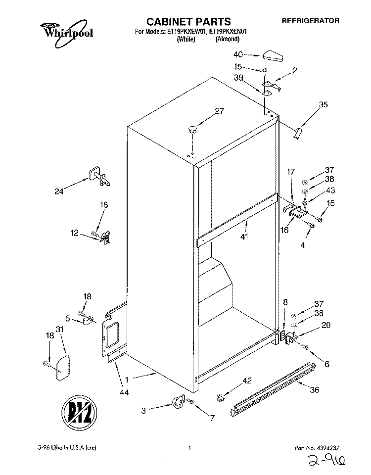 CABINET Diagram and Parts List for ET19PKXEW01  Whirlpool Refrigerator