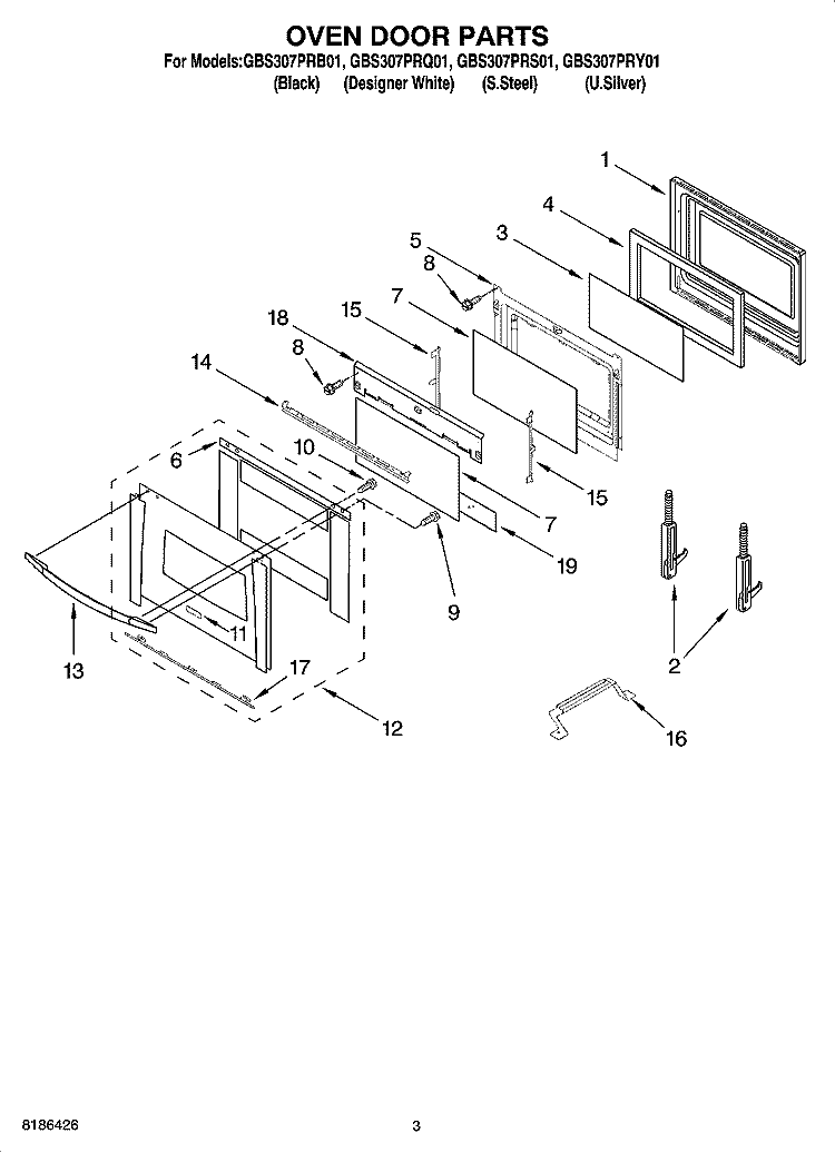 OVEN DOOR PARTS Diagram and Parts List for  Whirlpool Wall Oven